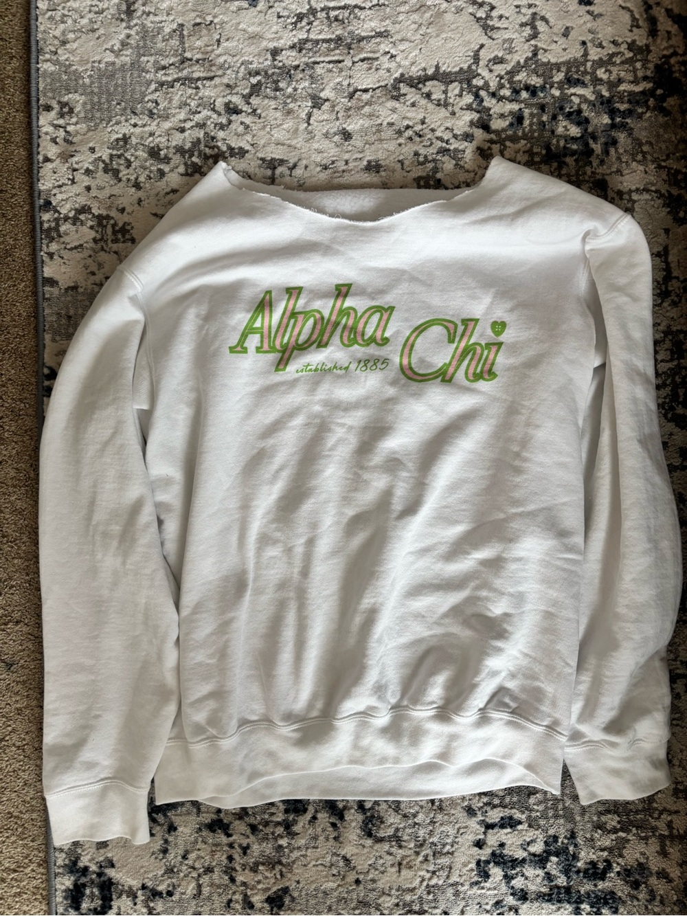 Alpha Chi Off-the-Shoulder Sweatshirt in White with Lime Script